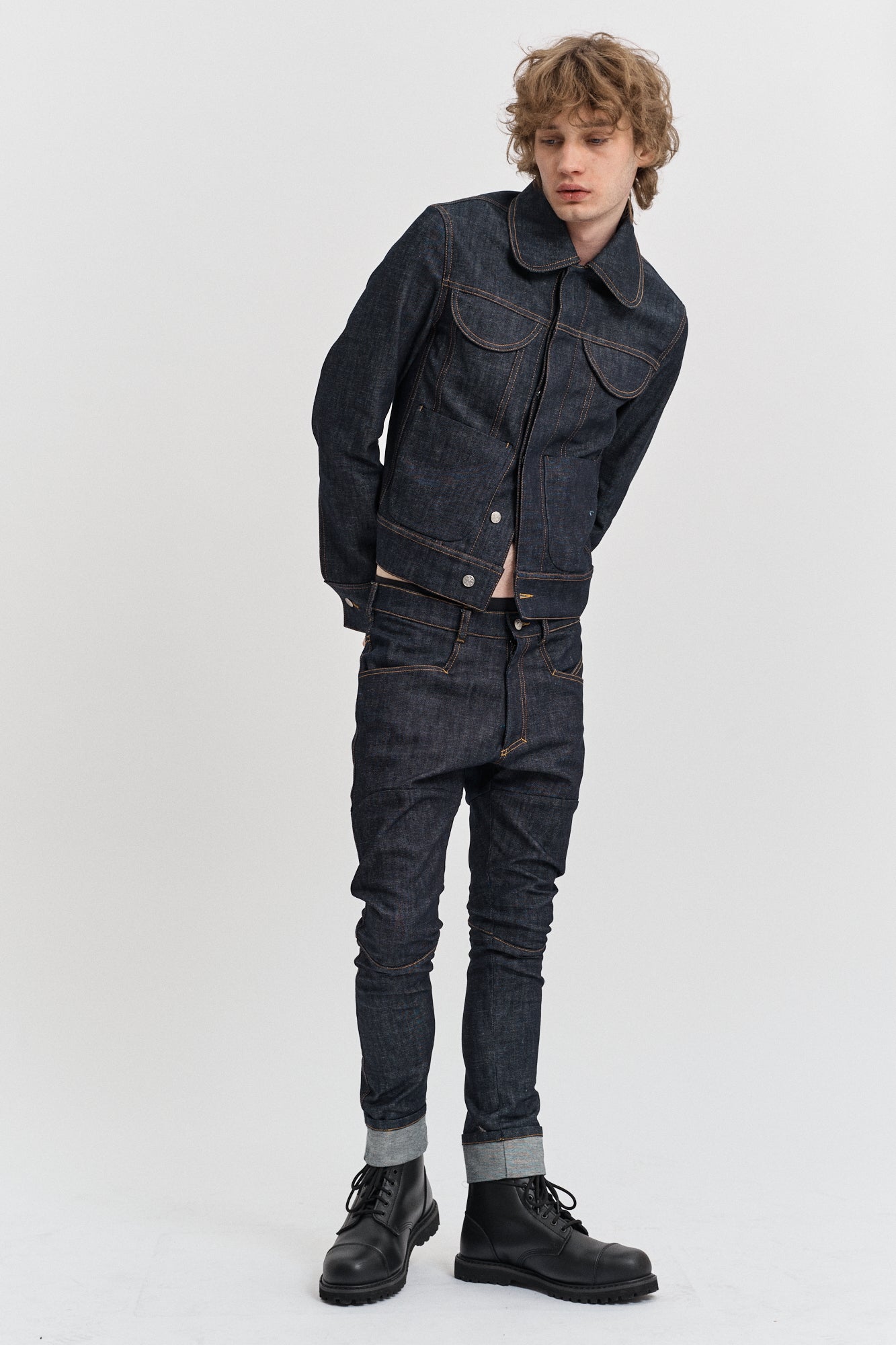 [SM] Denim blouson jacket with rounded flaps