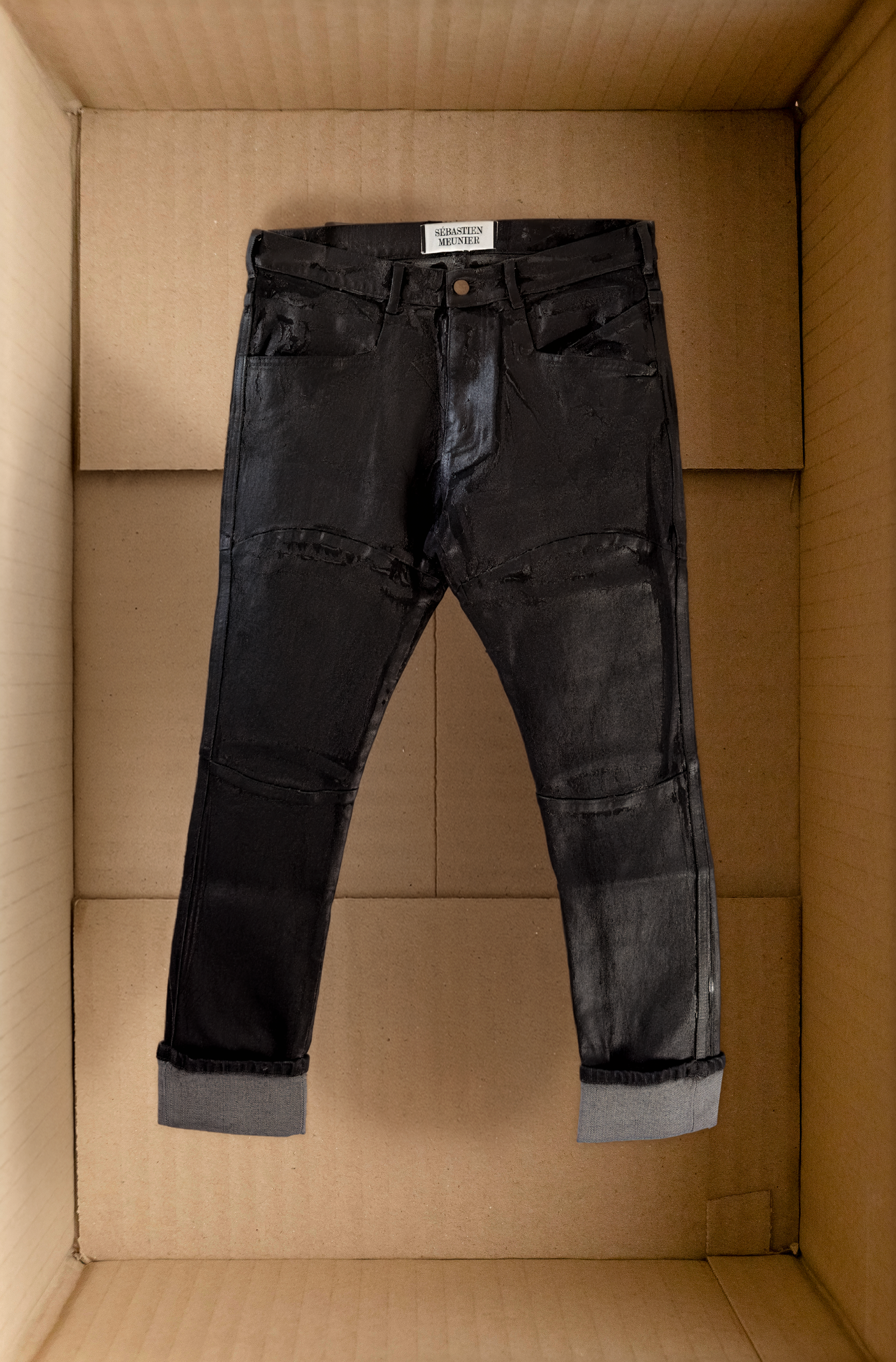 [SM] Anatomical black coated denim trousers