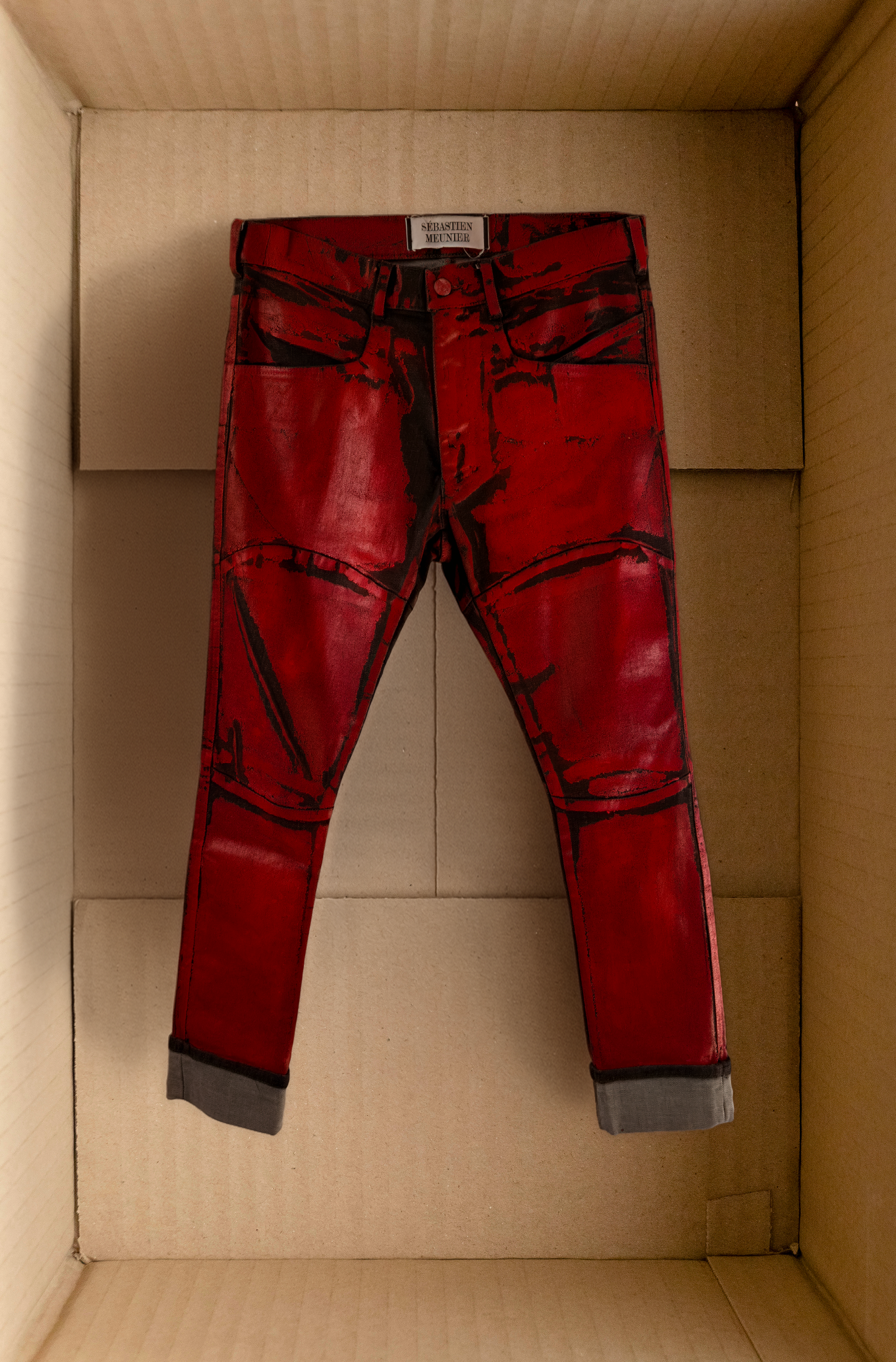 [SM] Anatomical red coated denim trousers