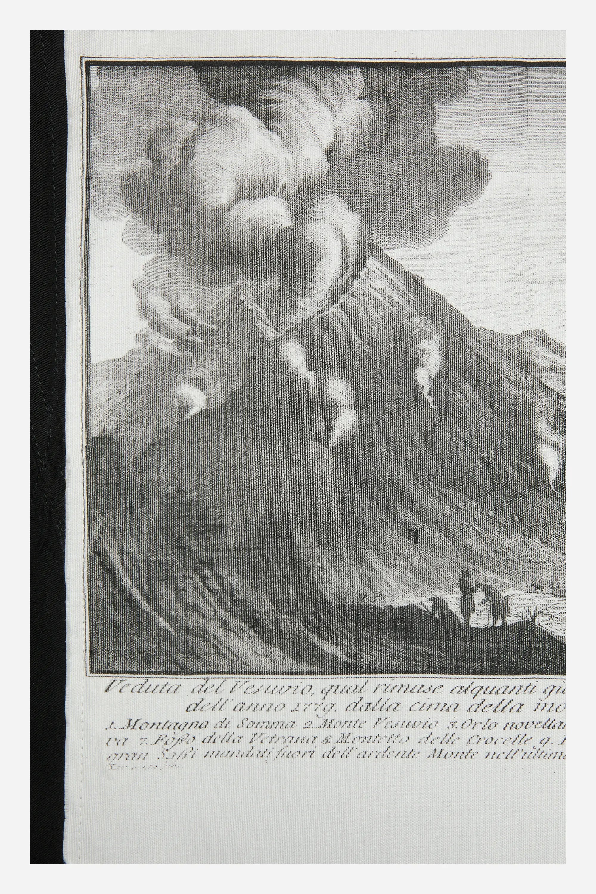 Detail of the printed motif from the “Versatile Pompeii” Jumpsuit — silkscreen of a vintage book illustration showing a smoking Mount Vesuvius with Italian text — Chapitre 14 collection.