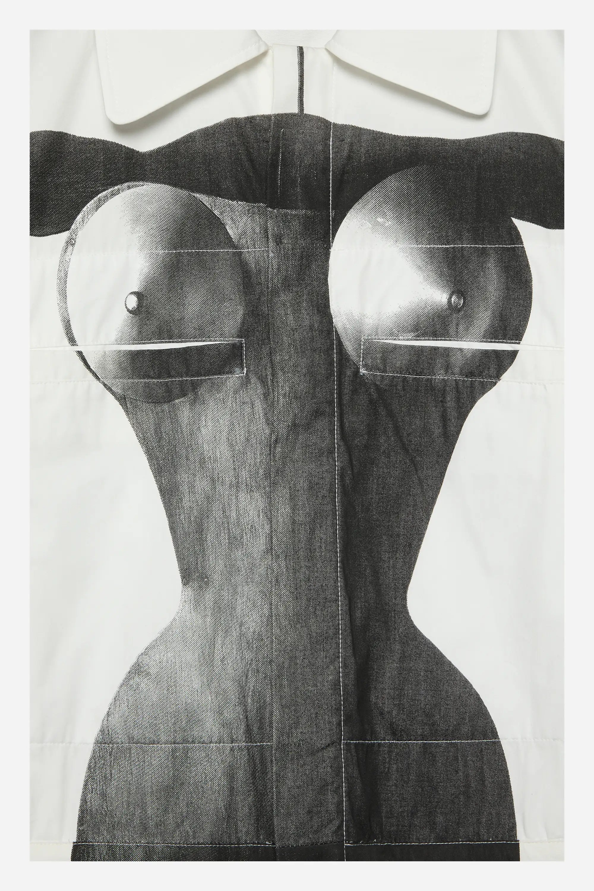Serigraph of a bust with an extremely slim waist, resembling an hourglass figure, with metallic cones representing the chest.