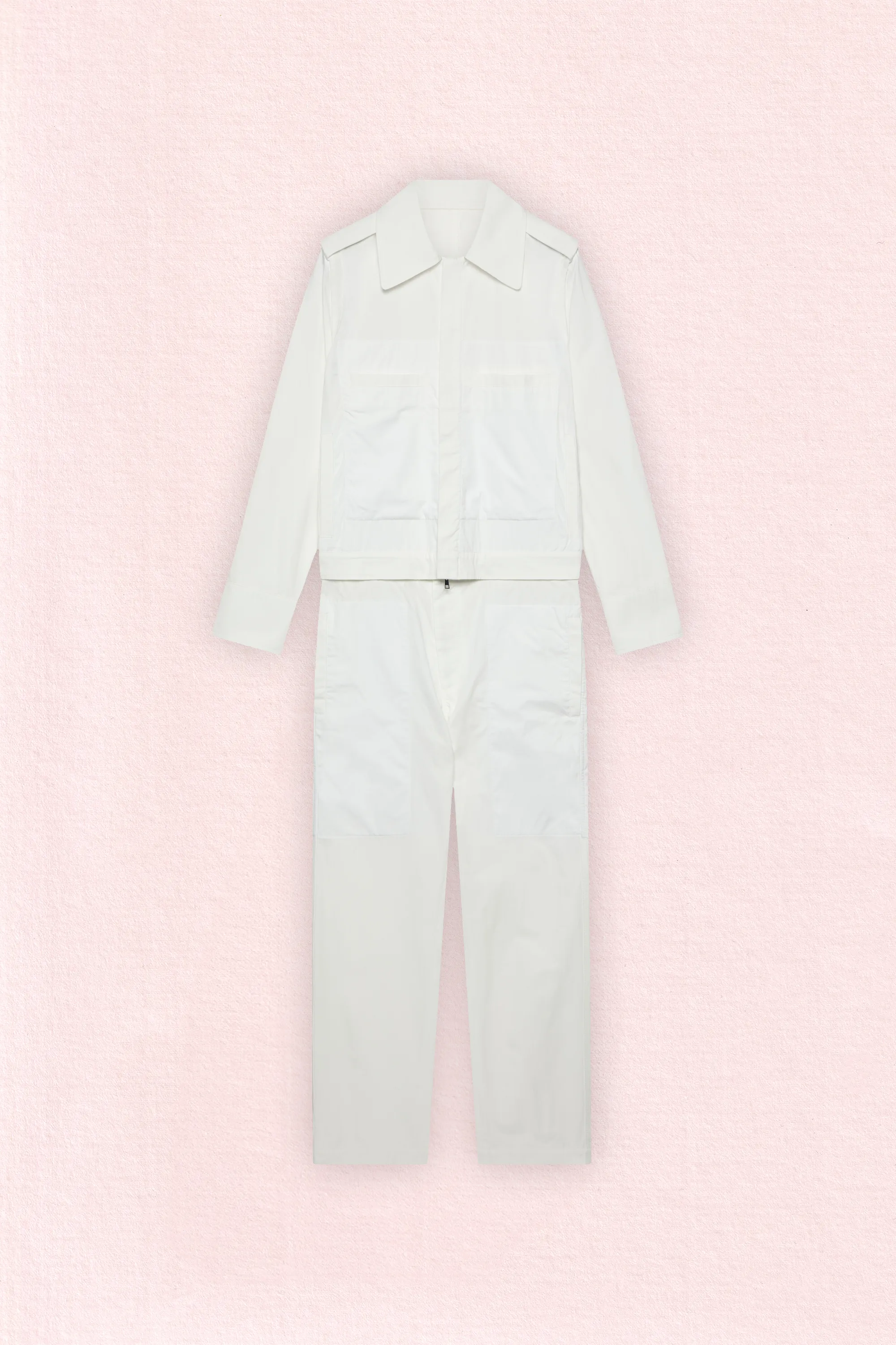 Front view of the Transformable White Cotton Overall — Archetype collection.