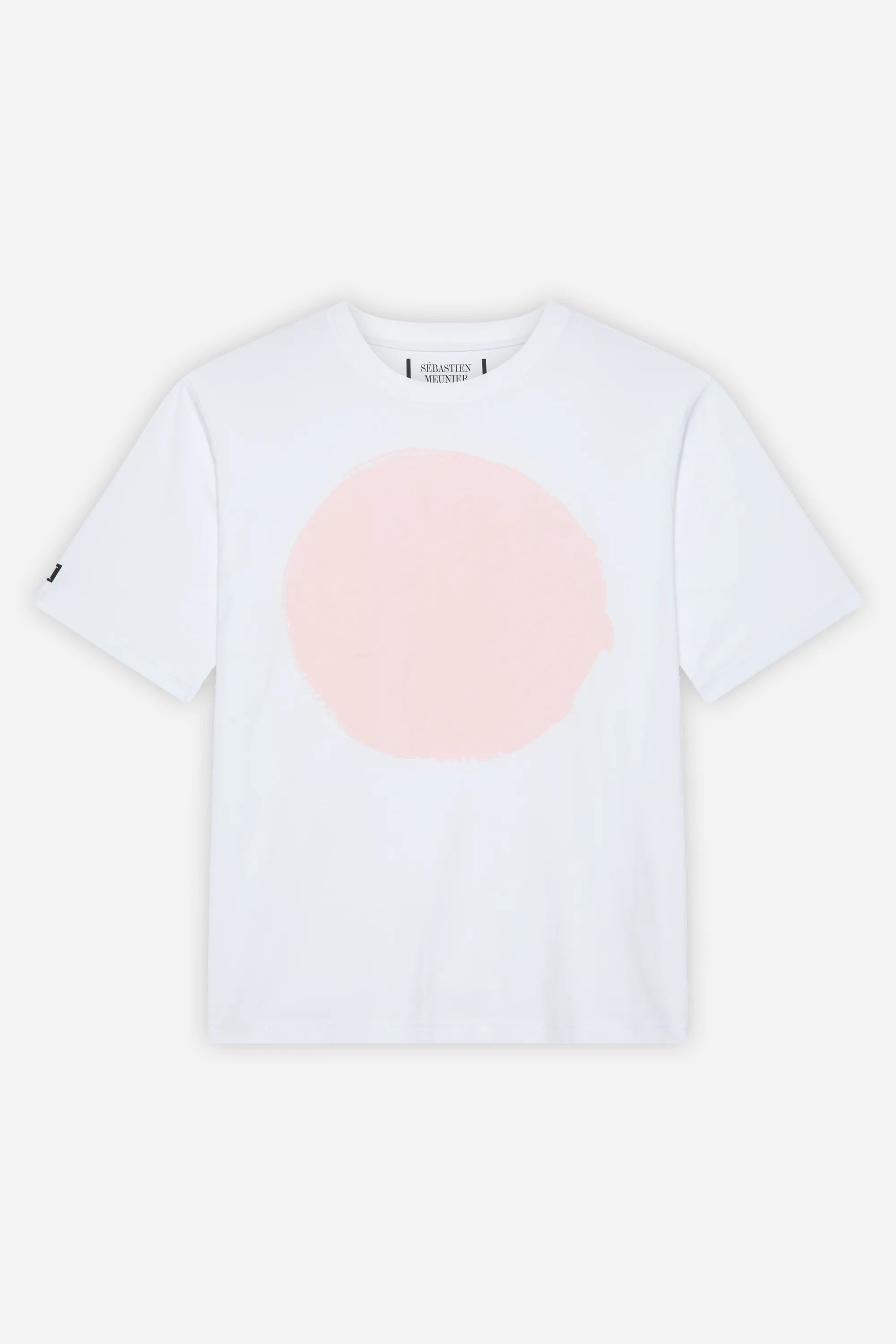 Front view of the Gertrude Stein unisex white cotton T-shirt by Sébastien Meunier, featuring a large pale pink circular print on the chest and the SM logo on the right sleeve — Chapitre 14 collection.