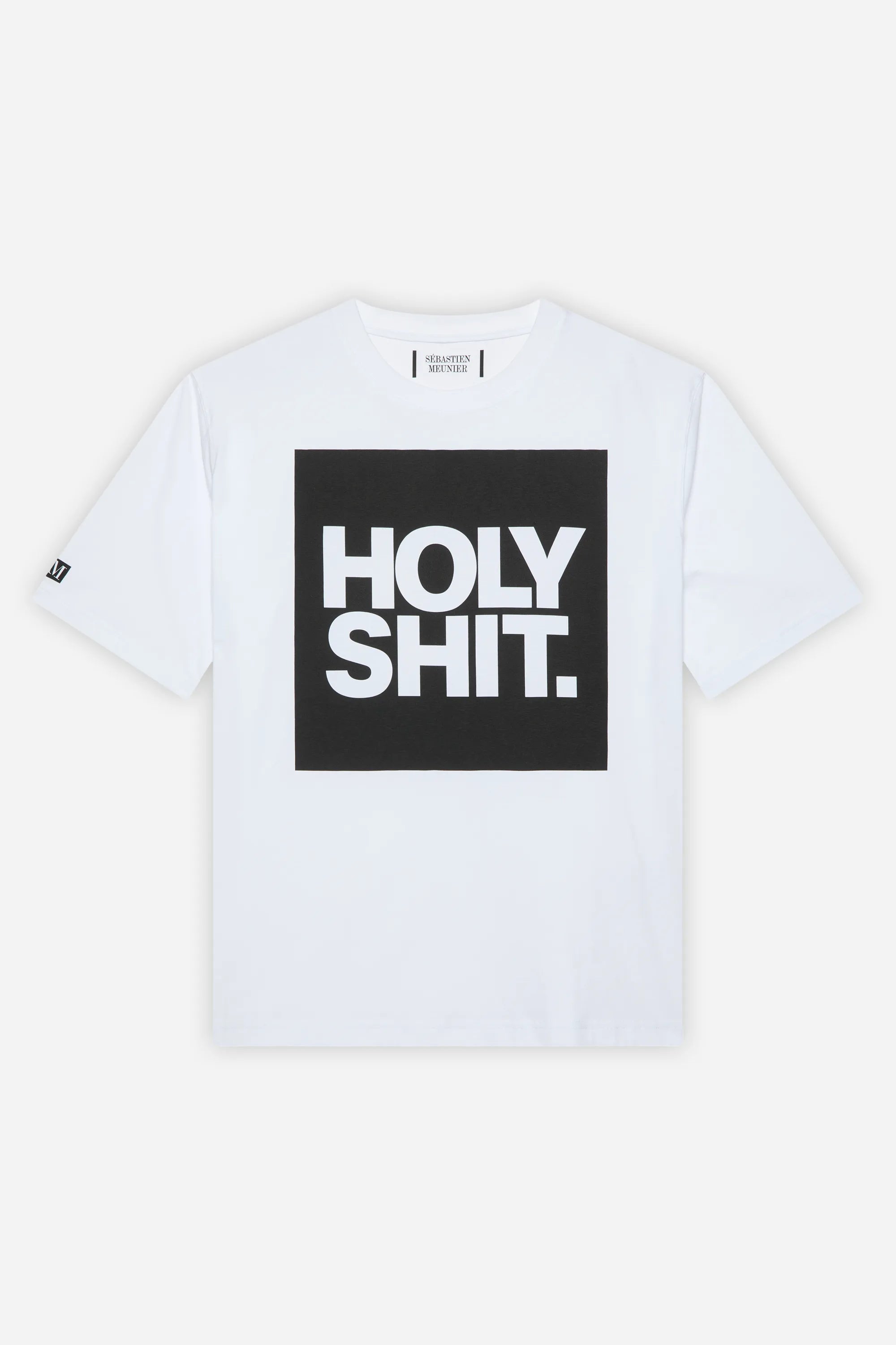 Front view of the Holy unisex white cotton T-shirt by Sébastien Meunier, featuring a bold black square with the text “HOLY SHIT.” in white uppercase letters and the SM logo on the right sleeve — Chapitre 14 collection.